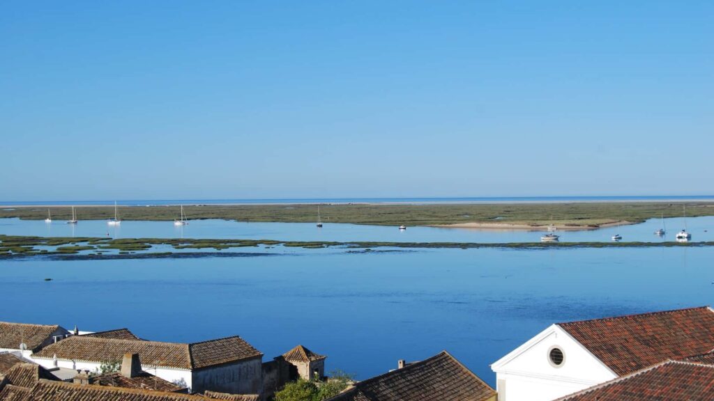 Panoramic view of Ria Formosa lagoon as seen from the Cathedral of Faro, captured by Lands – Eco Boat Tours